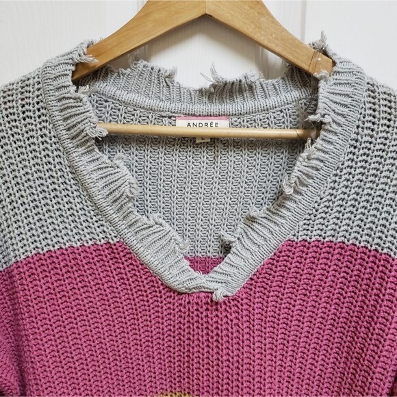 Andree By Unit Sweater Women Large Colorblock Striped Chewed Frayed Boho Grunge - Picture 3 of 9